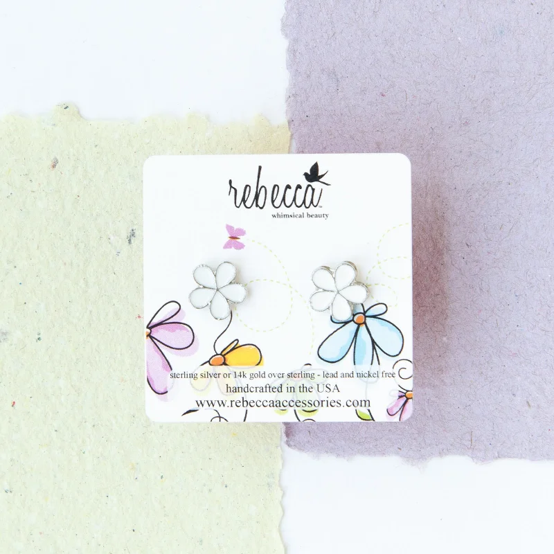 Linen thread earrings-White Flower Enamel Post Earring Children’s Jewelry