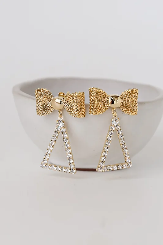 Flow design earrings-FINAL SALE - Nicole Gold Rhinestone Bow Drop Earrings