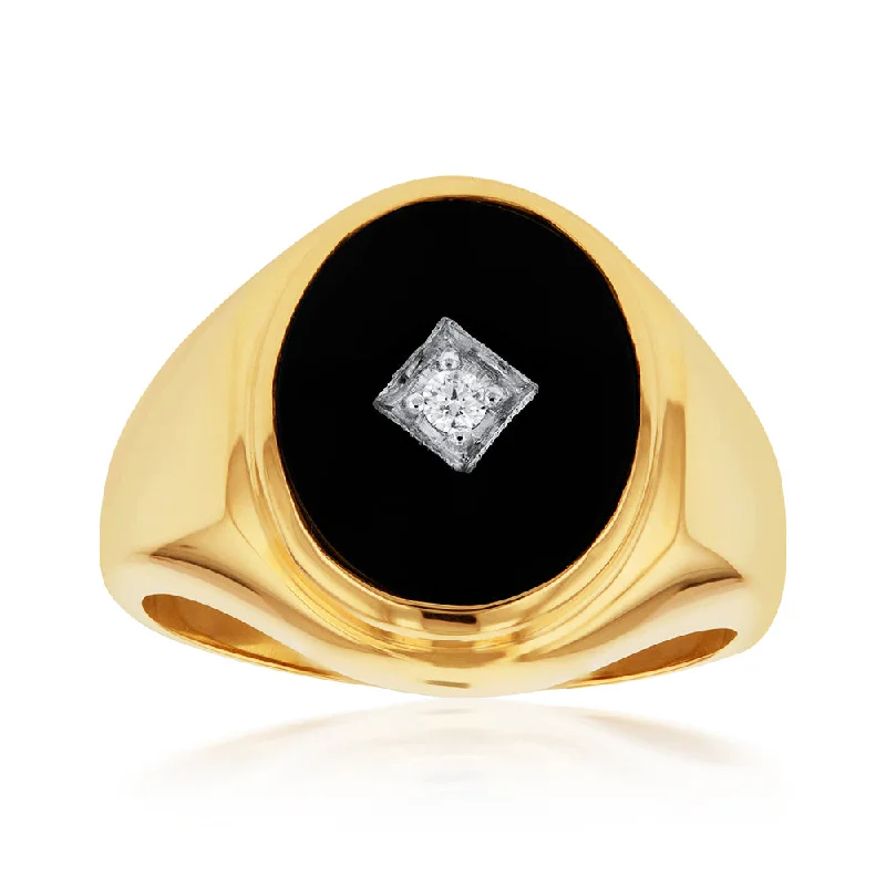 Rustic cameo rings-9ct Yellow Gold Black Onyx and Diamond Gents Ring