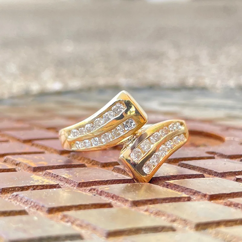 Grass style rings-ESTATE 14K YELLOW GOLD BYPASS RING WITH CHANNEL SET DIAMONDS