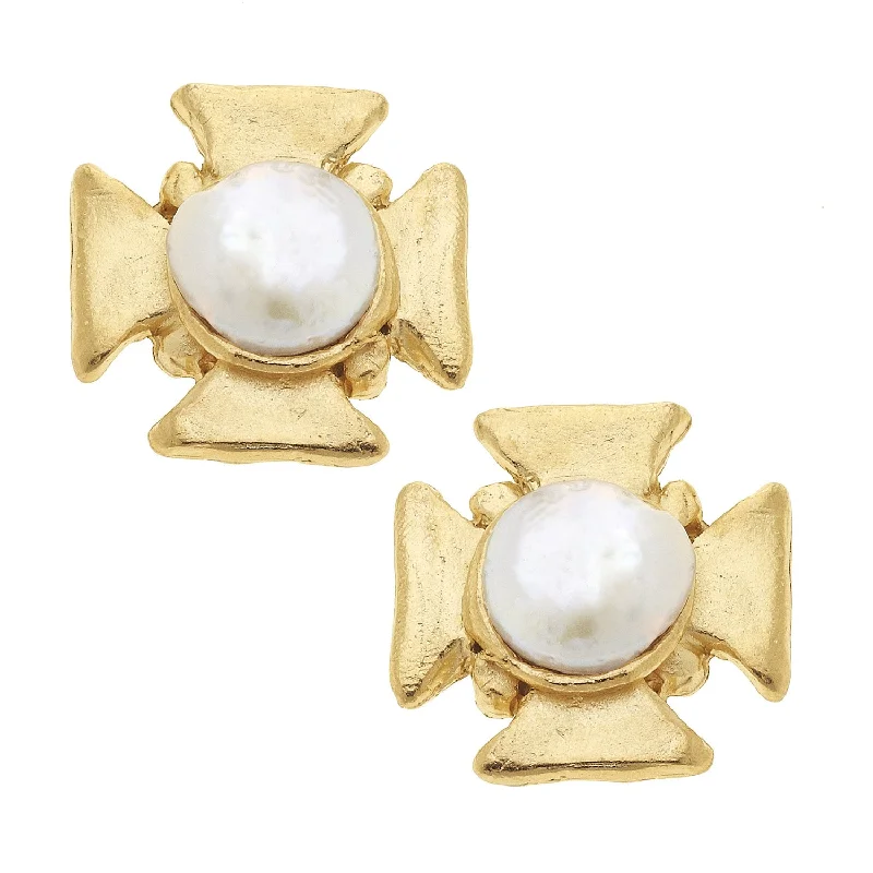 Java tile earrings-Gold Cross Earrings with Pearl