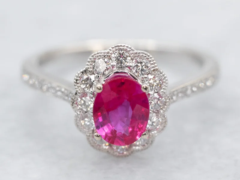 Round stone rings-White Gold Ruby and Diamond Halo Ring