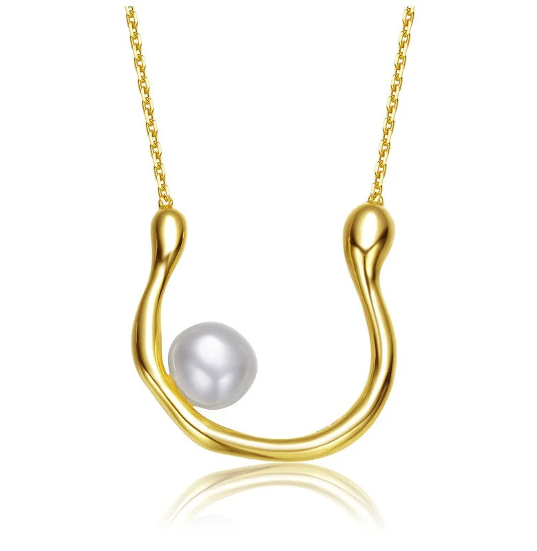 Vintage drop necklaces-Sterling Silver 14k Gold Plated with Genuine Freshwater Pearl “U” Necklace