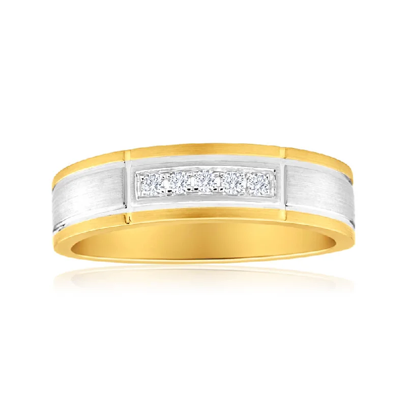 Rope band rings-9ct Yellow Gold & White Gold Mens Ring With 0.1 Carats Of Diamonds