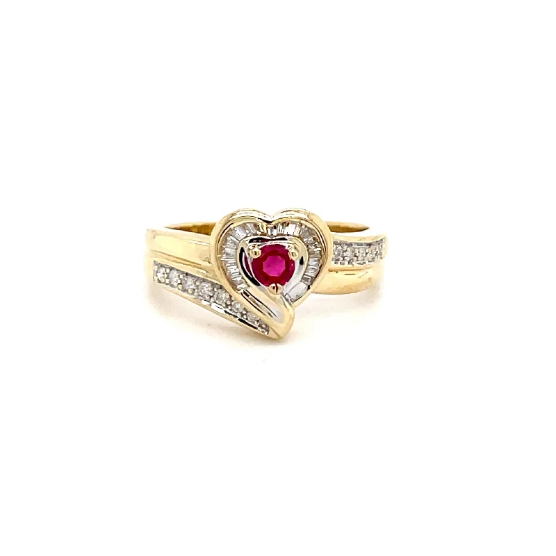 Garnet gem rings-ESTATE 14K YELLOW GOLD BYPASS-STYLE DIAMOND AND RUBY HEART RING