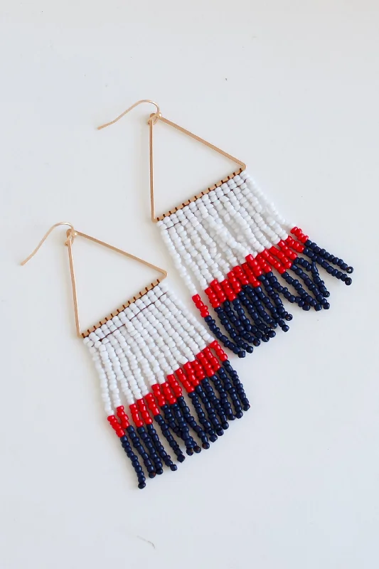 Peridot stud earrings-White + Navy Beaded Fringe Earrings