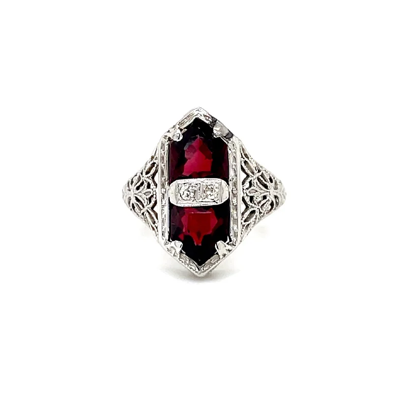 Stacked design rings-ESTATE 14K WHITE GOLD GARNET FILIGREE RING WITH DIAMOND ACCENTS