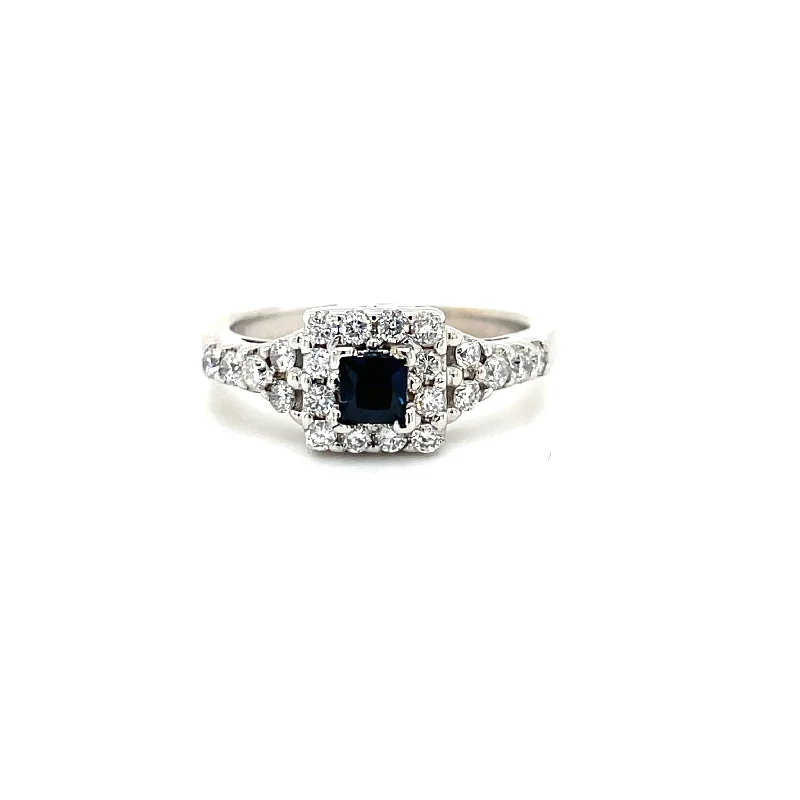 Open frame rings-ESTATE 14KW Gold Square Halo Diamond & Sapphire Ring