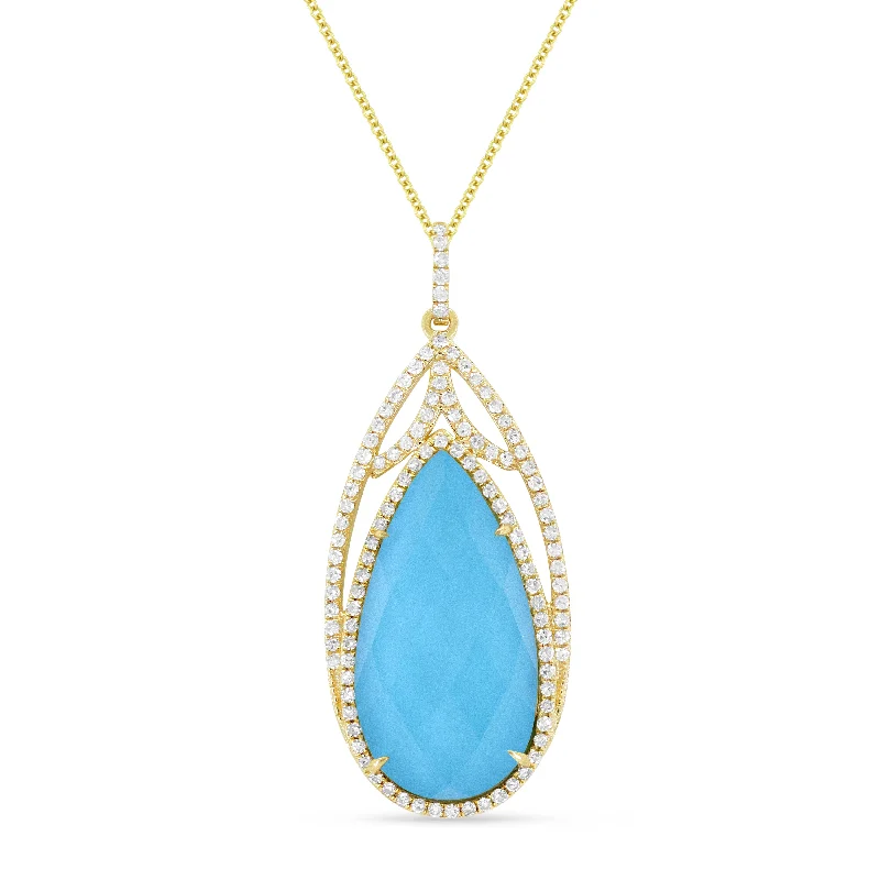 Shiny druzy necklaces-3.70Ct Turquoise 16"pendant Necklace In 14K Yellow Gold