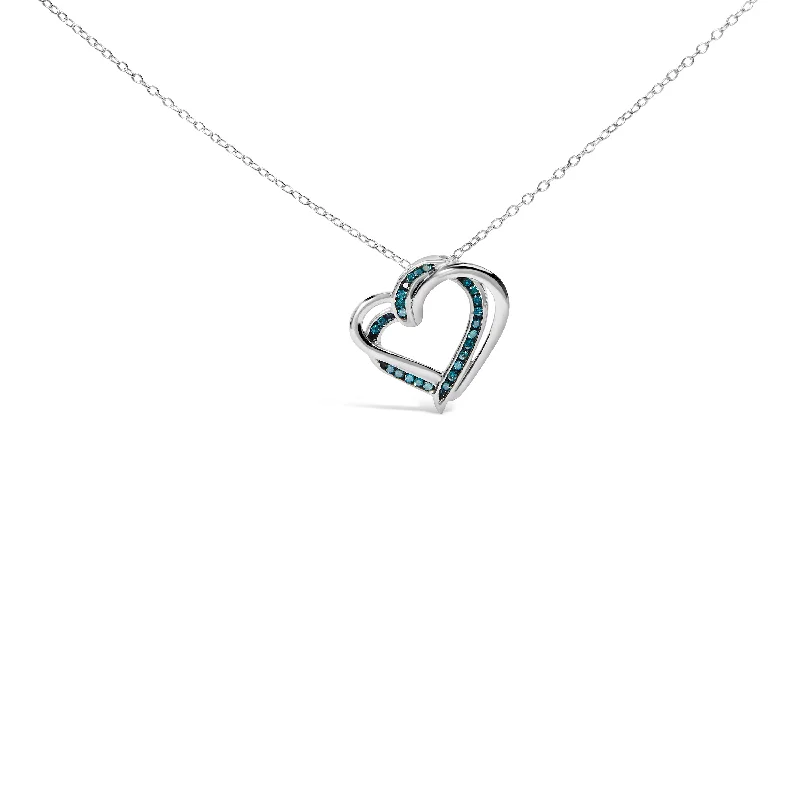 Curved gem necklaces-925 Sterling Silver 1/10 Cttw Treated Blue Diamond Double Heart 18" Pendant Necklace