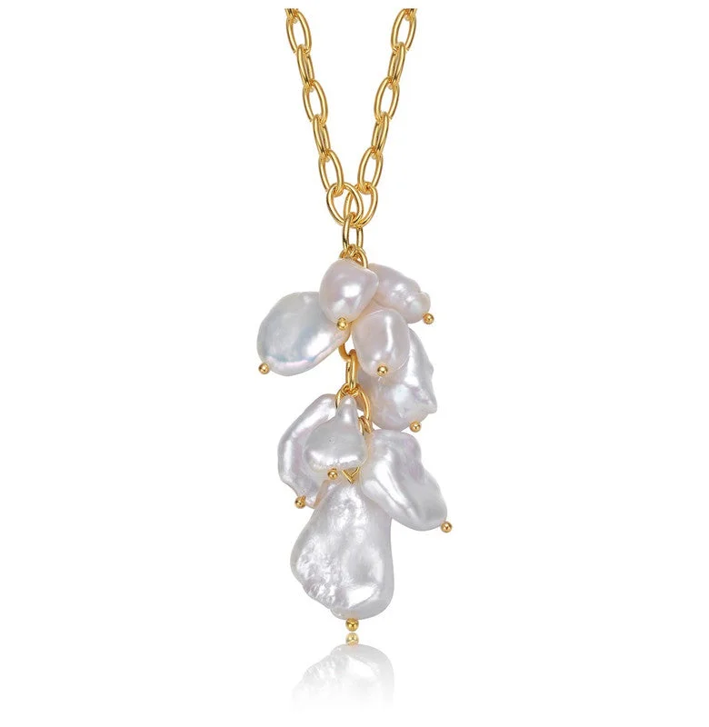 Round shape necklaces-GENEVIVE Sterling Silver Gold Plated Freshwater Pearl Drop Pendant Necklace