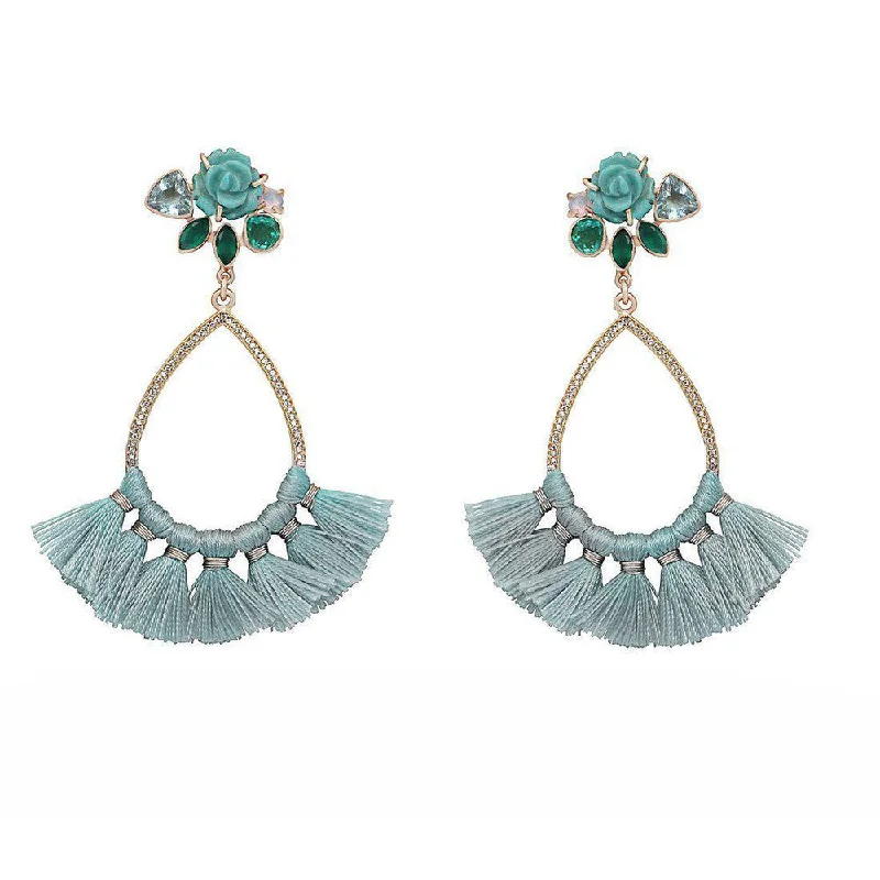 Flow shape earrings-Turquoise Tassel Hoop Earrings