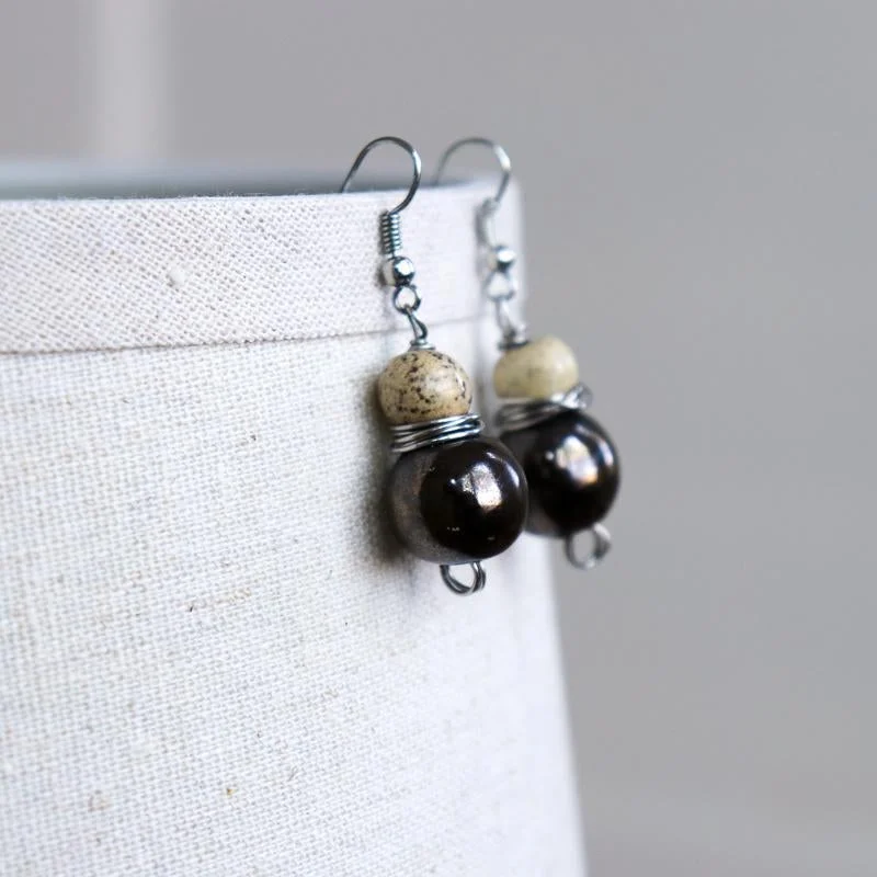 Firm hoop earrings-Bronze Stone Wire Wrapped Earring