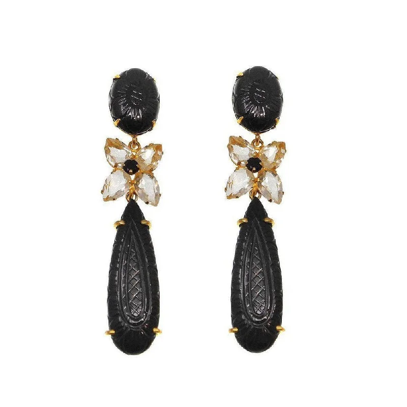 Weathered brass earrings-Carved Black Onyx Earrings