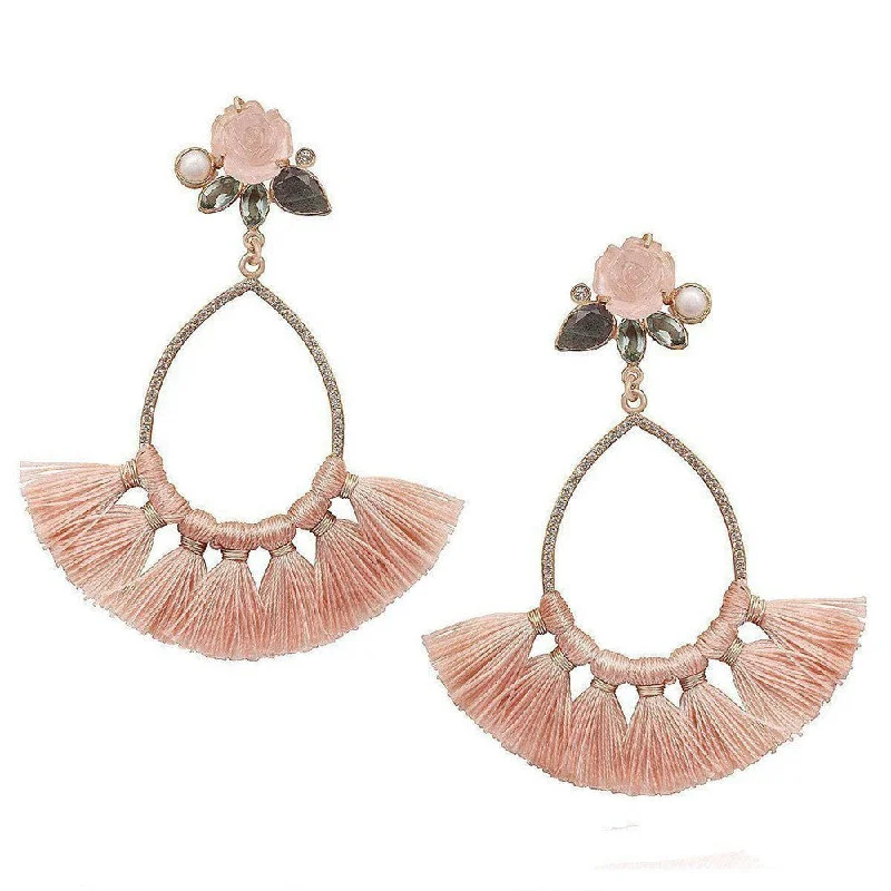 Thick hoop earrings-Carved Pink Chalcedony and Labradorite Earrings