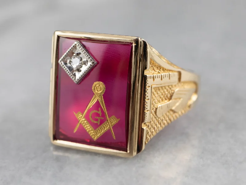 Etched letter rings-Masonic Ruby Glass Gold Statement Ring