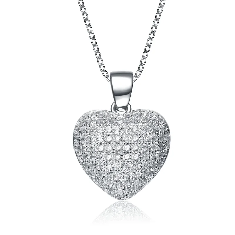 Woven link necklaces-Gv C.z. Sterling Silver Rhodium Plated Micro Set Heart Shape Drop Pendant