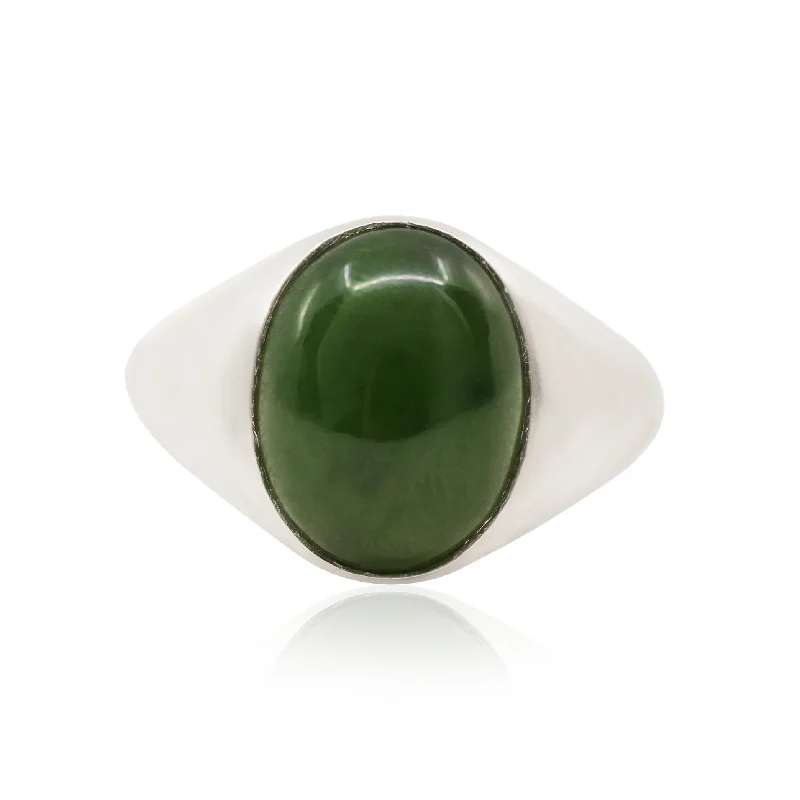 Rustic cameo rings-14K WHITE GOLD SIGNET-STYLE RING WITH A CABOCHON NEPHRITE JADE