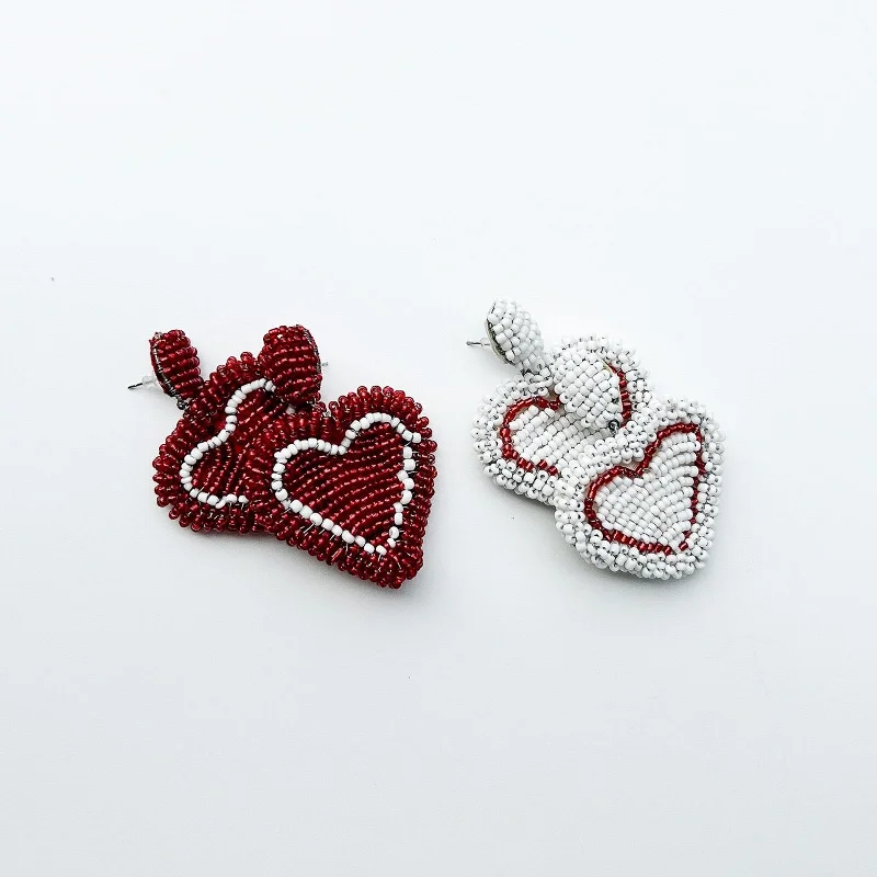 Grass style earrings-Beaded Heart Earrings