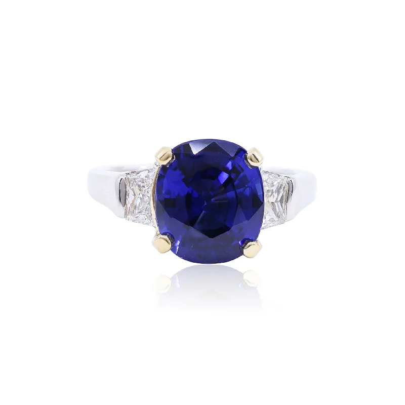 Neat band rings-PLATINUM AND 18K YELLOW GOLD CUSHION-CUT SAPPHIRE AND DIAMOND THREE-STONE RING