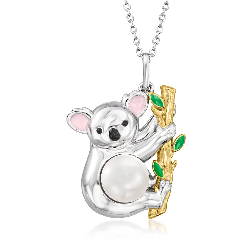 Twin birthstone necklaces-Ross-Simons 8-8.5mm Cultured Pearl Koala Pendant Necklace With Multicolored Enamel in 2-Tone Sterling Silver