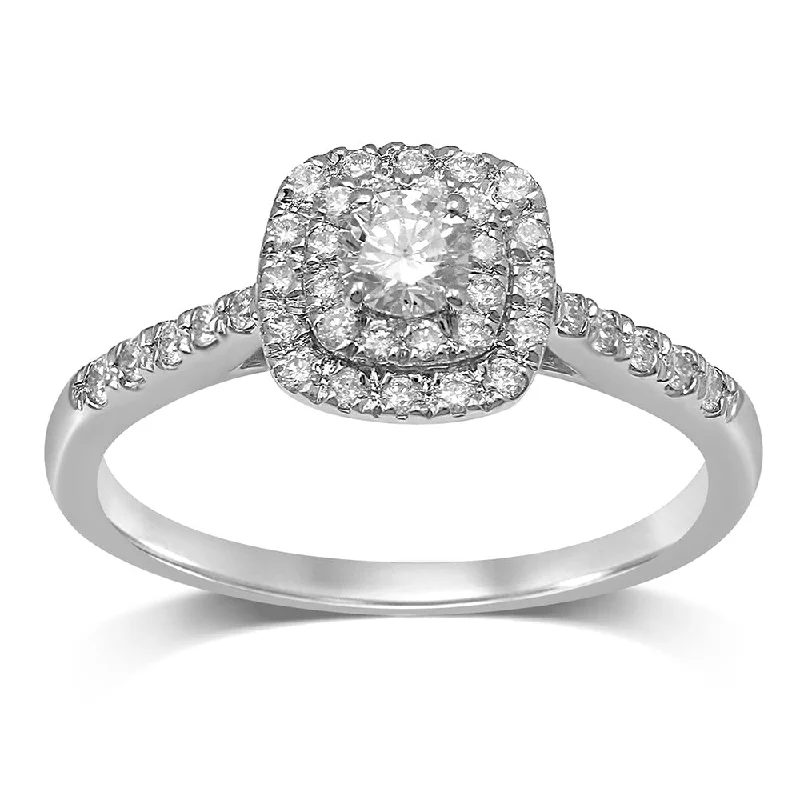 Reef knot rings-18ct White Gold 1/2 Carat Brilliant Diamond Double Halo Cushion Shaped Ring