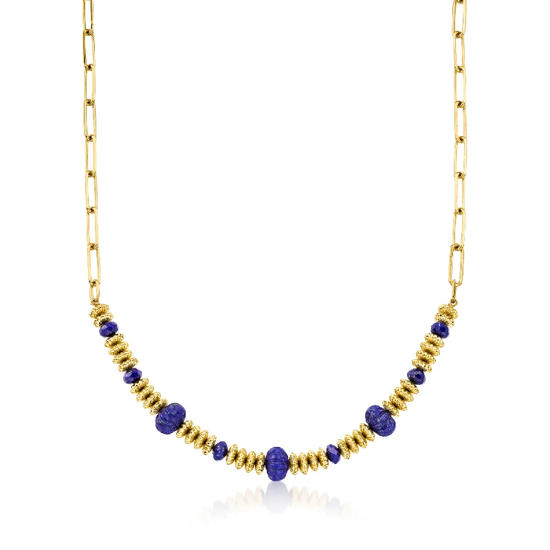 Retro locket necklaces-Ross-Simons 6-10mm Lapis Bead Paper Clip Link Necklace in 18kt Gold Over Sterling