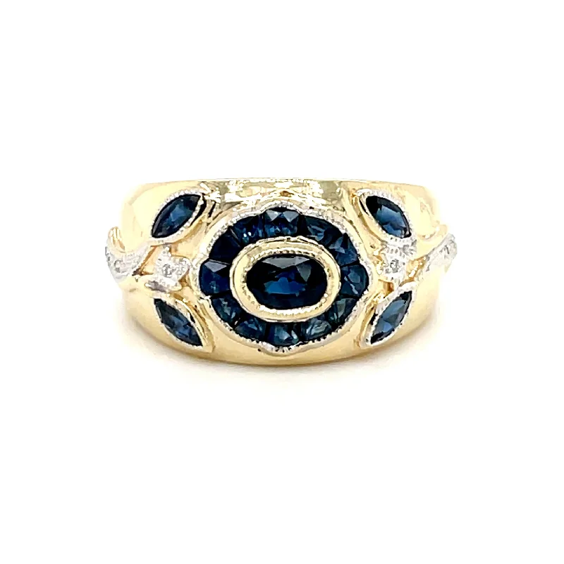 Bold stone rings-ESTATE 14K YELLOW GOLD FLOWER RING WITH SAPPHIRE AND DIAMOND