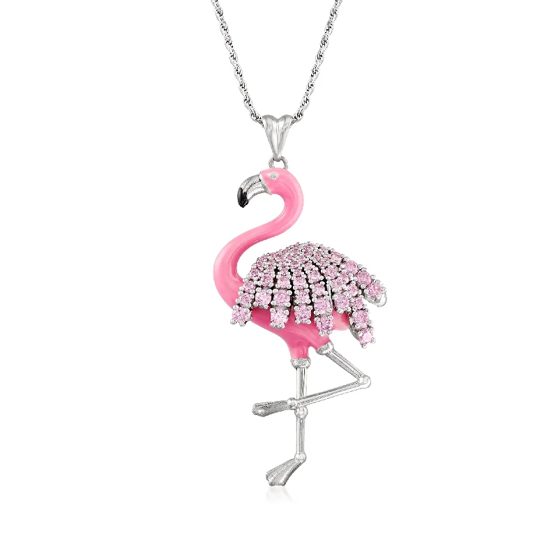 Firm chain necklaces-Ross-Simons Pink CZ Flamingo Pendant Necklace With Pink Enamel in Sterling Silver