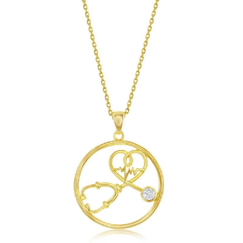 Mist glass necklaces-Sterling Silver CZ Stethoscope Heartbeat Pendant - Gold Plated