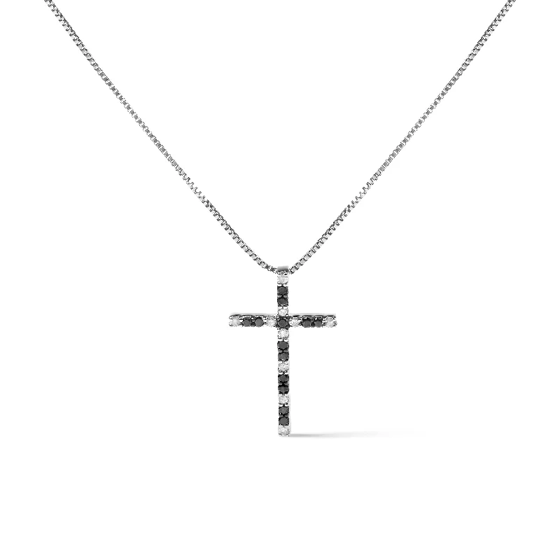 Angled pendant necklaces-.925 Sterling Silver 1/4 Cttw Black and White Diamond Cross 18" Pendant Necklace