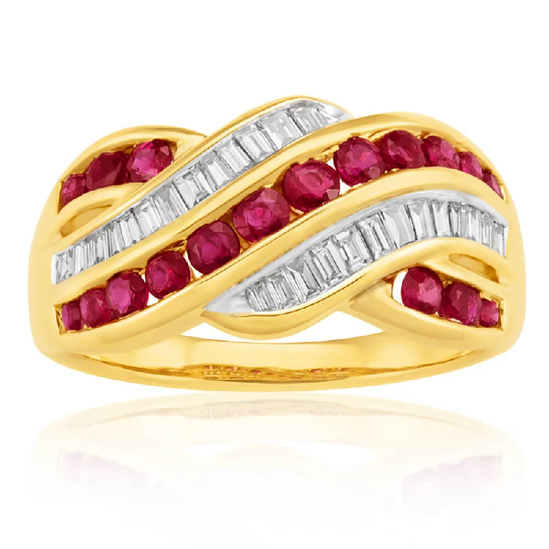 Angled shank rings-9ct Yellow Gold Natural Ruby 0.93ct and 1/3 Carat Diamond Wave Ring