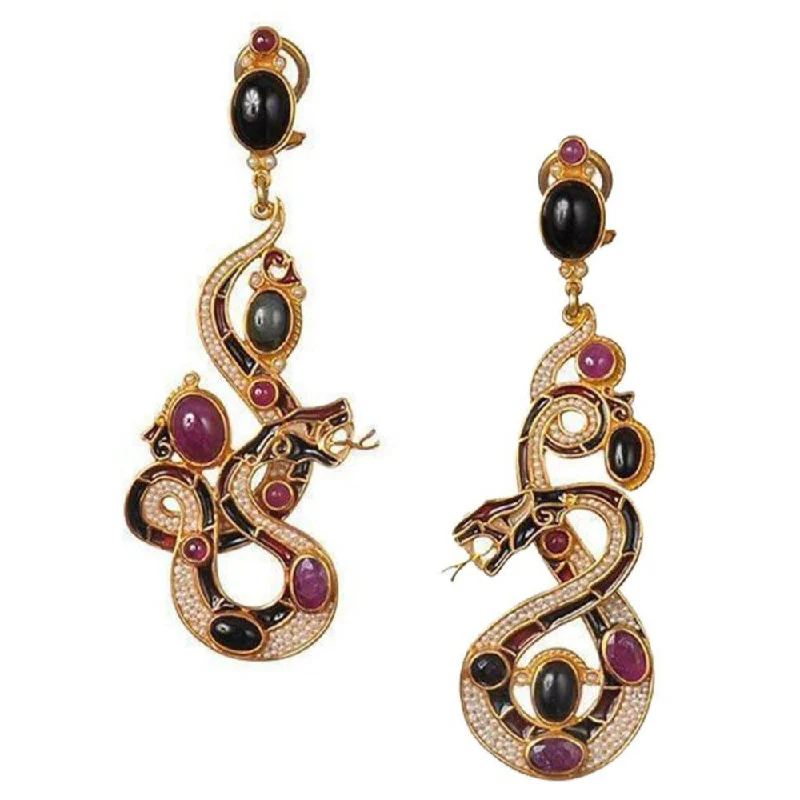 Stone strand earrings-Jeweled Ruby Snake Earrings