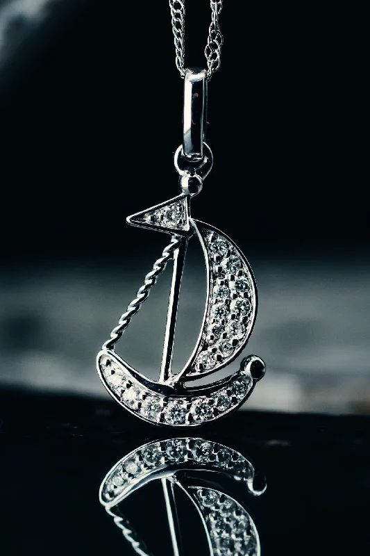 Stone strand necklaces-14k White Gold Diamond Sailboat Necklace