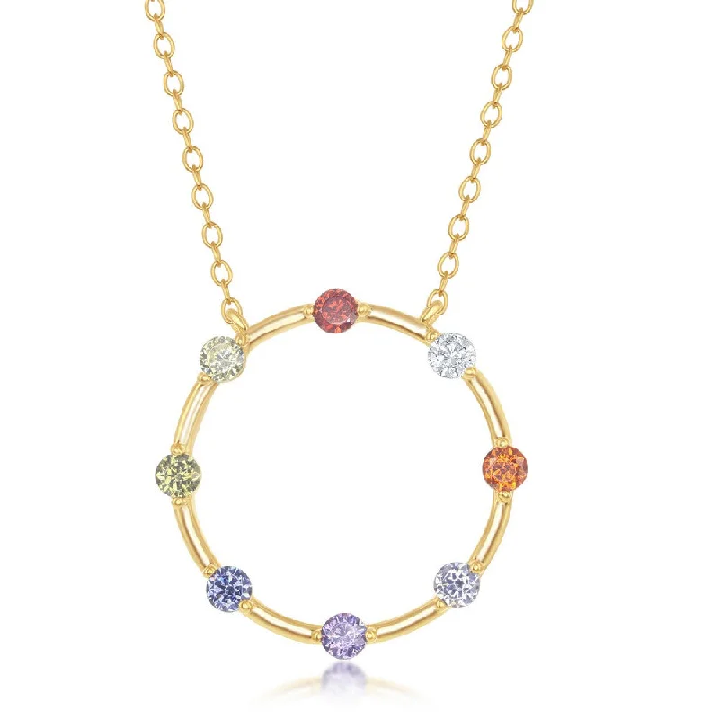 Leaned design necklaces-Sterling Silver Rainbow CZ Open Circle Necklace - Gold Plated