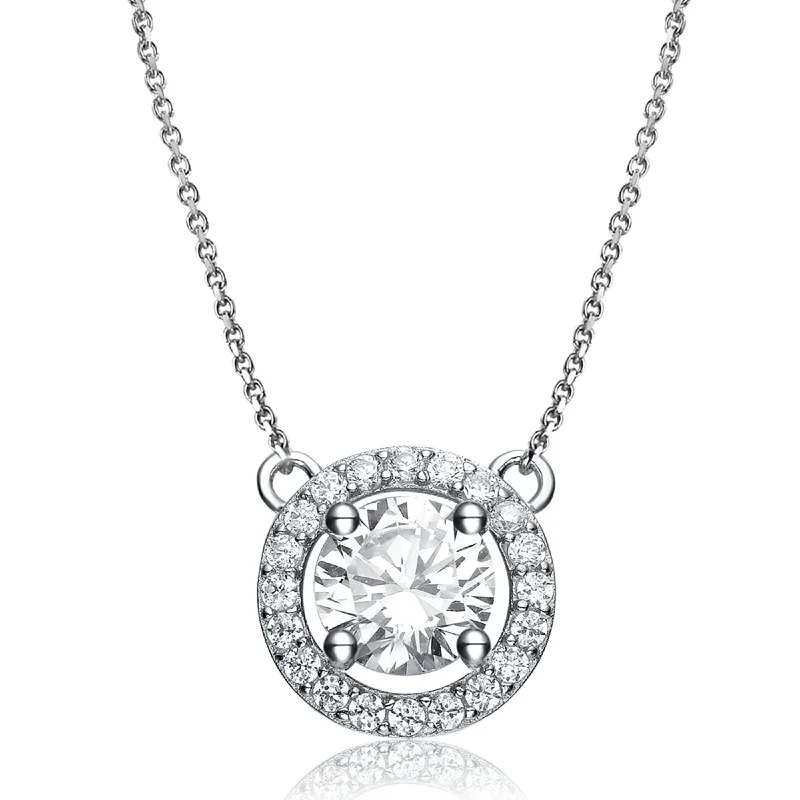 Solid link necklaces-Sterling Silver White Gold Plated with Clear Round Cubic Zirconia Pendant Necklace