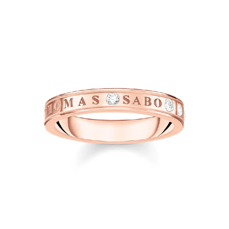 Angled shank rings-Thomas Sabo Sterling Silver Rose Gold Plated Sparkling Circle T S Since 1984 Ring