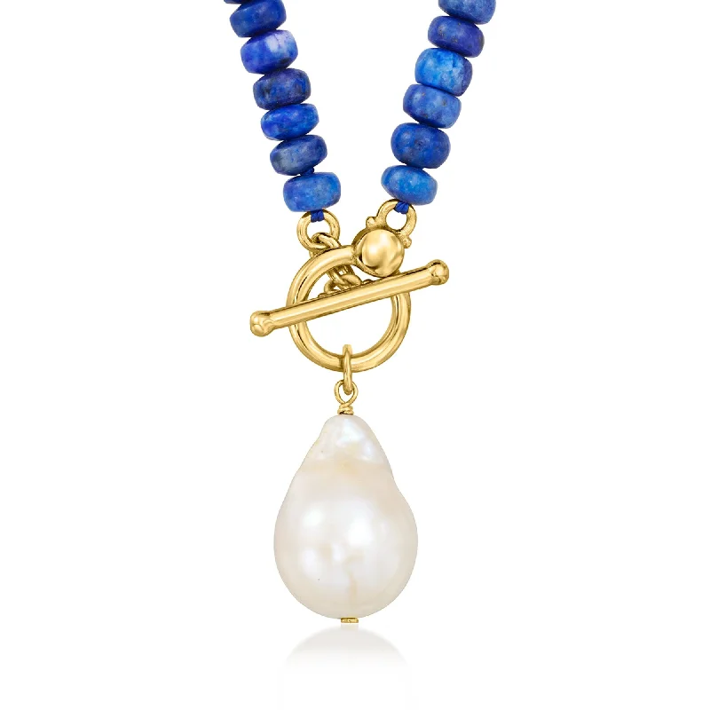 Fiber tassel necklaces-Ross-Simons 12-13mm Cultured Baroque Pearl and 5-5.5mm Lapis Bead Toggle Necklace in 18kt Gold Over Sterling