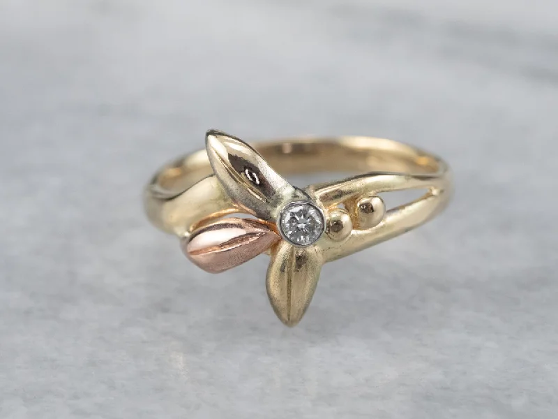 Dual blend rings-Tri-Color Gold Diamond Flower Ring