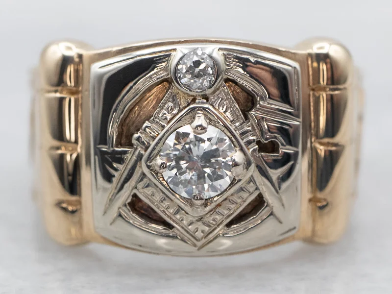 Clear diamond rings-Retro Era Old Mine Cut Diamond Men's Masonic Ring