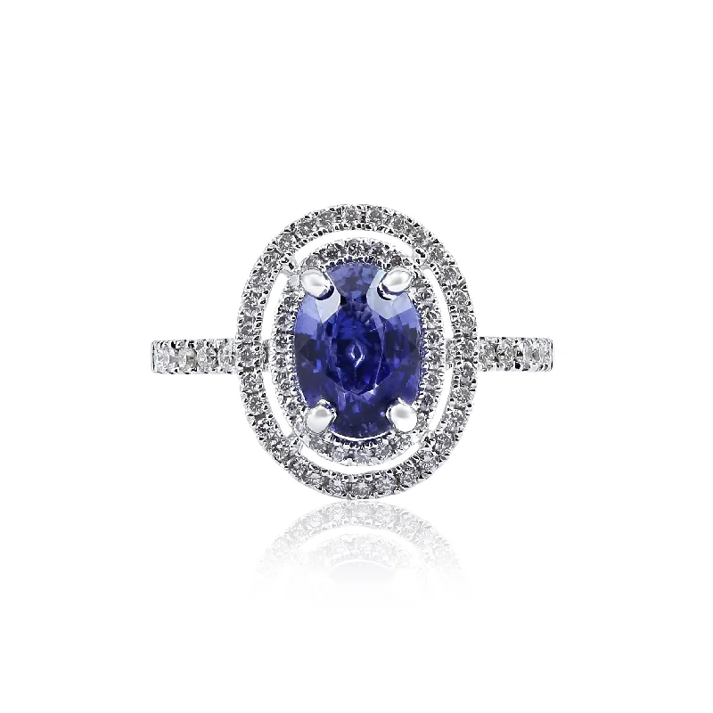 Cast name rings-14K White Gold Oval Sapphire and Diamond Double Halo Ring