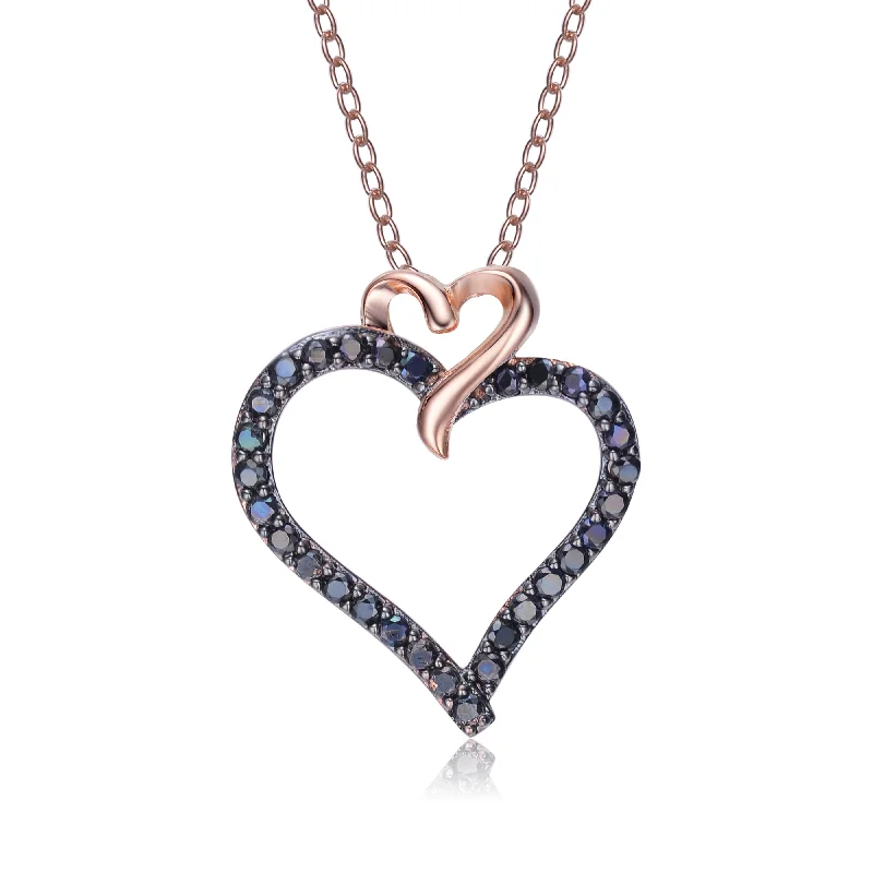 Linen thread necklaces-Black-plated Sterling Silver Cubic Zirconia Double Heart Necklace