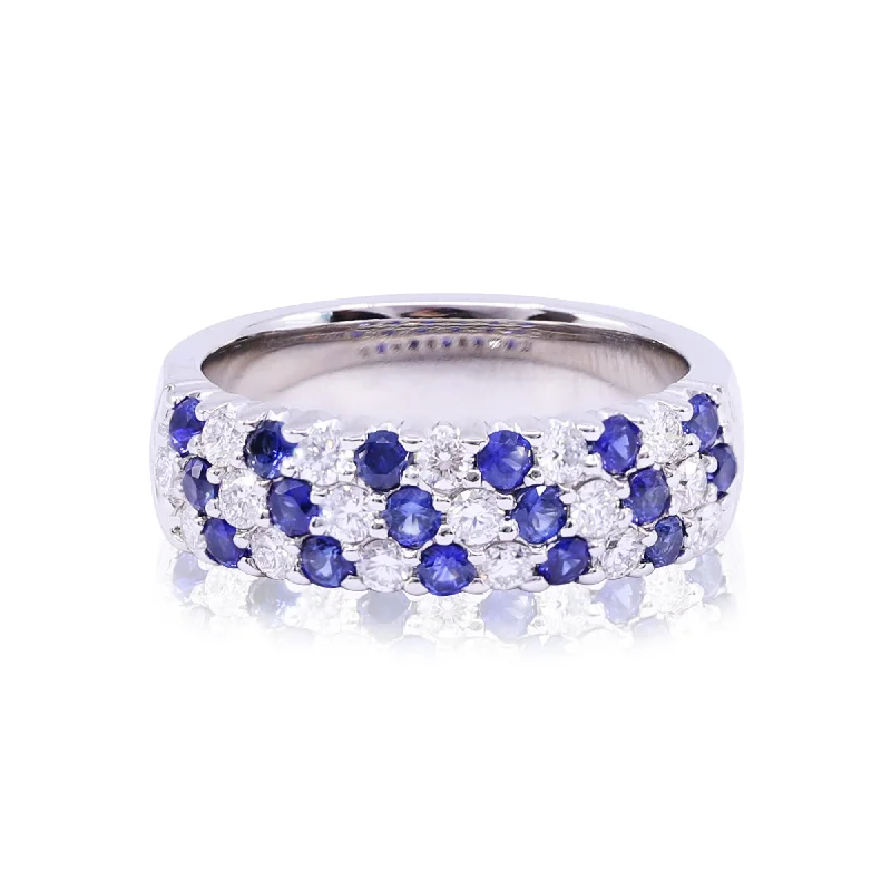 Dove feather rings-14K WHITE GOLD DIAMOND AND SAPPHIRE TRIPLE ROW RING