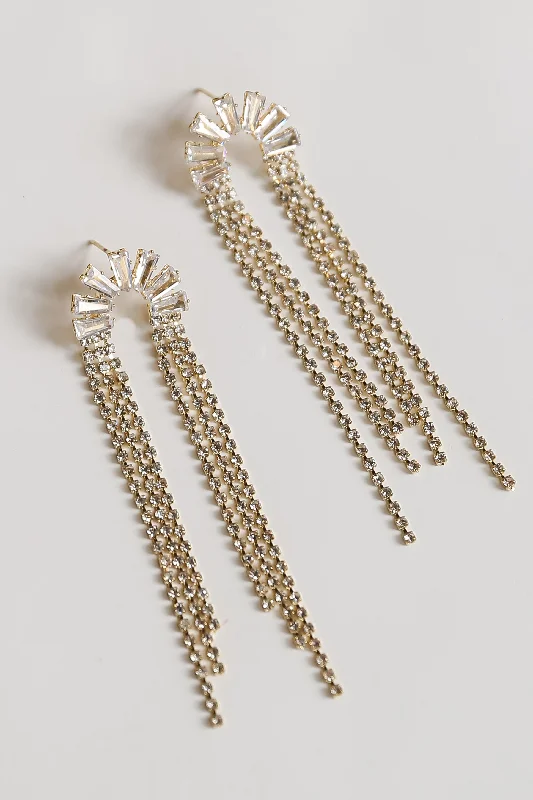 Stone strand earrings-FINAL SALE - London Gold Rhinestone Fringe Earrings