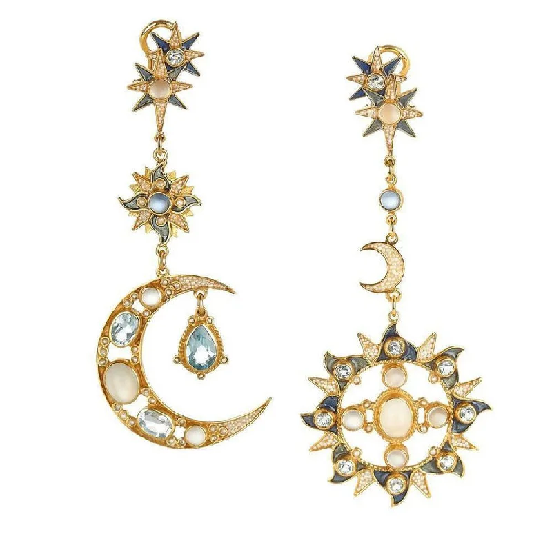 Fine threader earrings-Sun and Moon Earrings in Blue Topaz and Moonstone