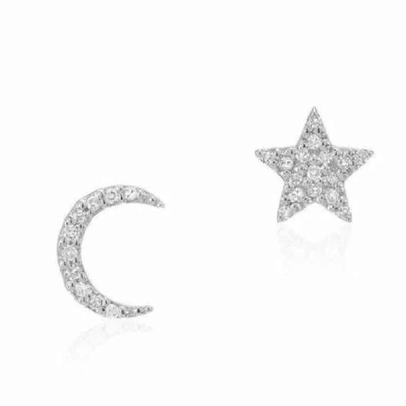 Firm hoop earrings-Star and Moon White Gold Post Studs