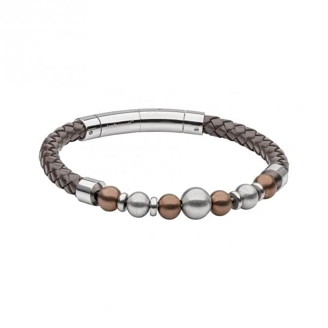 Owl motif bracelets-Coffee Plated Stainless Steel Beads Brown Leather Bracelet B5466