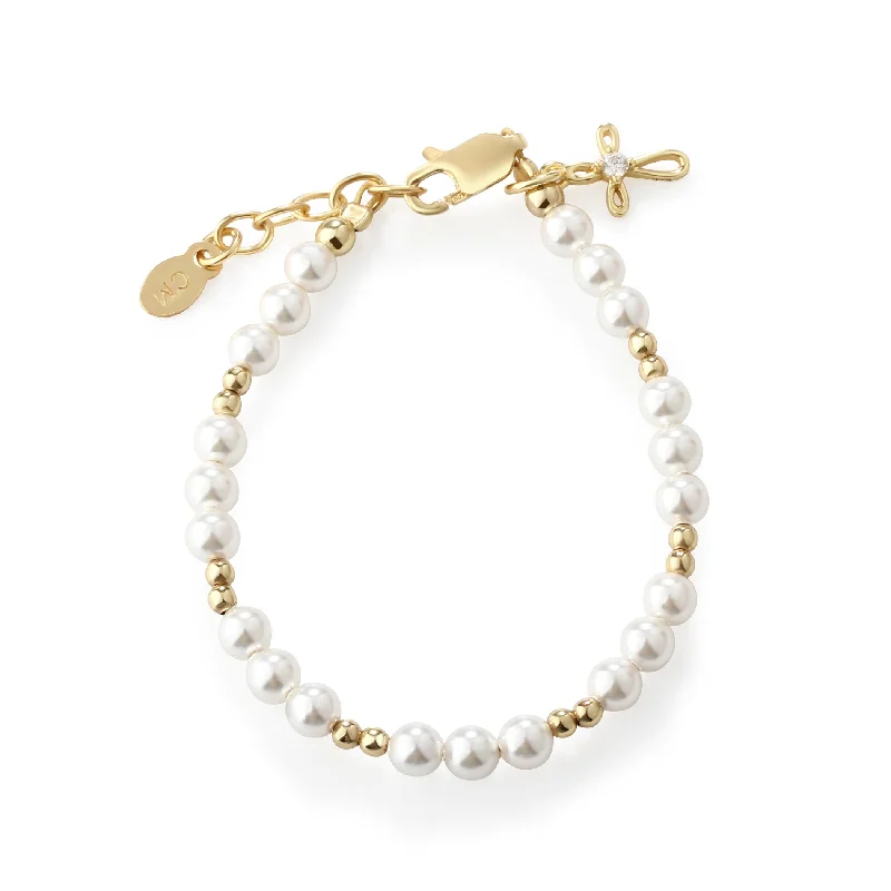 Elastic cord bracelets-14K Gold-Plated Simulated Pearl Bracelet with Cross for Baptism or First Communion