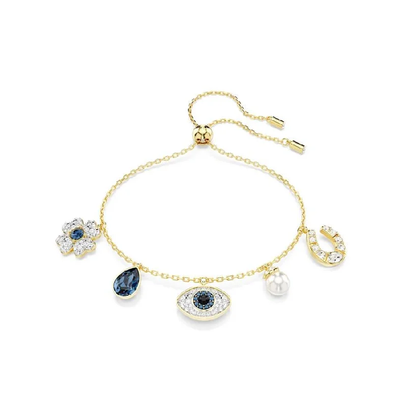 Neat link bangles-Symbolica Gold-tone Plated Clover Evil Eye, Horseshoe Blue Crystal Pearl Bracelet 5692162