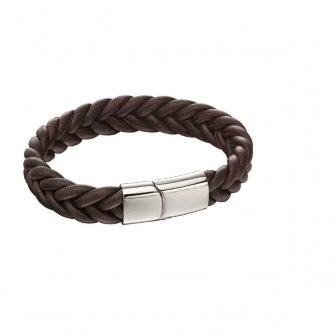 Gothic style bangles-Fred Bennett French Plait Brown Leather Bracelet B5140